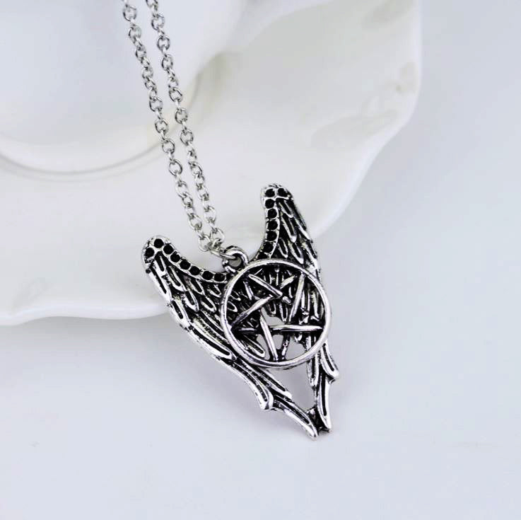 Silver Pentagram Angel Wings Necklace
